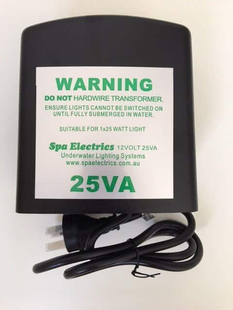Black 25VA spa electrics underwater lighting transformer against a white background.