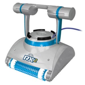 Gray and blue K-Bot RX 2 robotic pool cleaner against a white background.