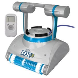 Gray and Blue K-Bot RX3 robotic pool cleaner against a white background.