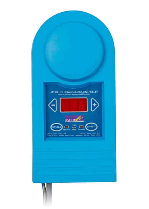 Blue solar controller against a white background.