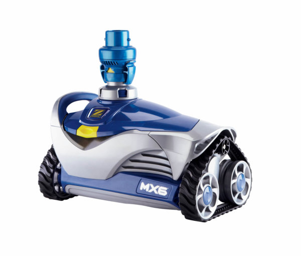 Blue and gray Zodiac MX6 automatic suction pool cleaner against a white background.