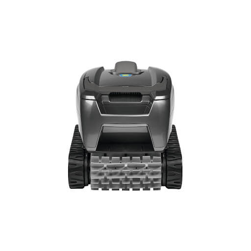 Black Zodiac robotic pool cleaner against a white background.