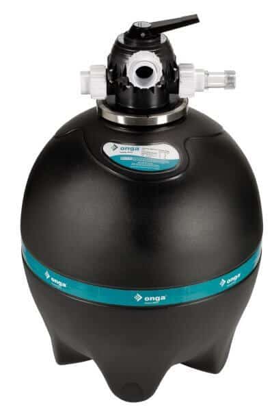 Black Onga pool sand filter against a white background.