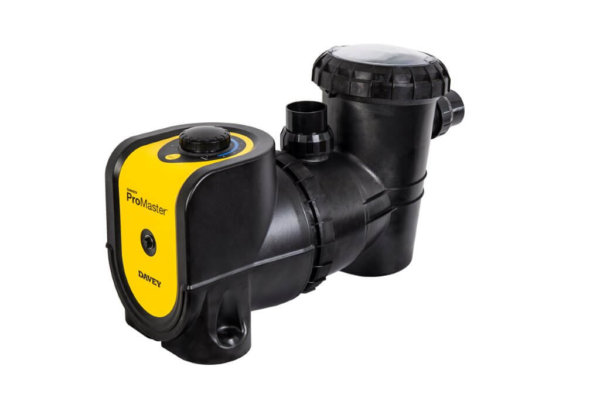 Black and yellow Davey ProMaster pool pump against a white background.