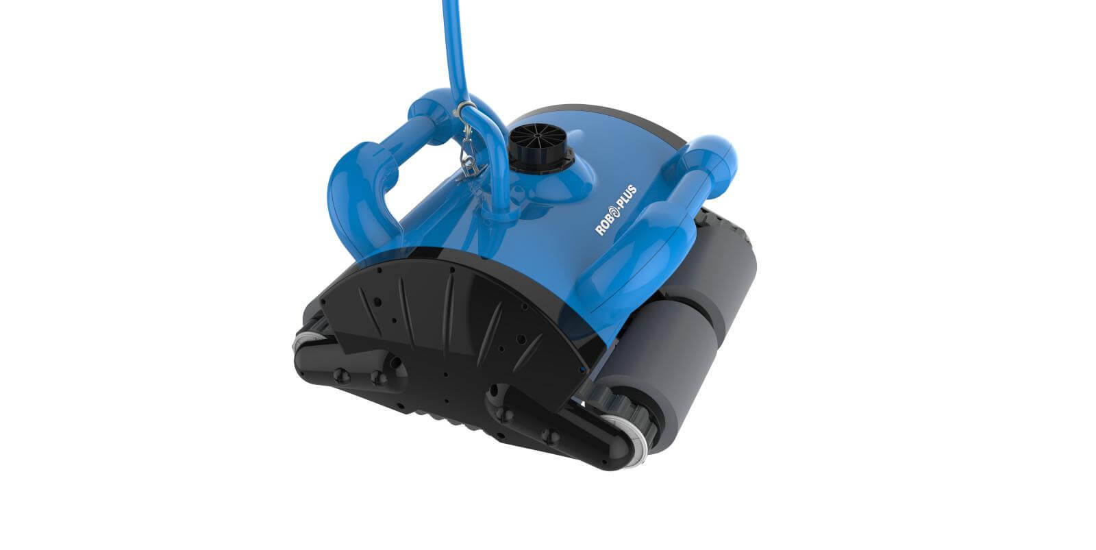 Blue and black Robetek ROBO-PLUS robotic pool cleaner against a white background.