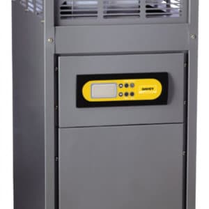 Black and yellow Rheem HX gas heater against a white background.
