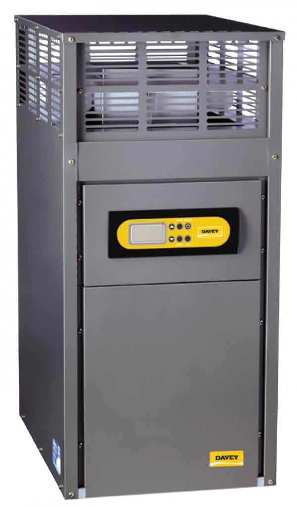 Black and yellow Rheem HX gas heater against a white background.