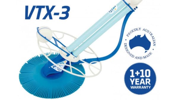 Blue Kreepy Krauly VTX-3 pool cleaner against a white background including warranty.