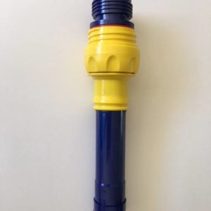 Blue and yellow Zodiac outer extension pipe against a white background.