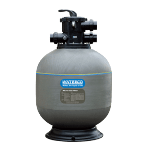 Gray Waterco sand filter against a white background.