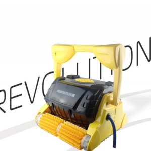 Yellow Revolution 3 robotic pool cleaner against a branded Revolution background.