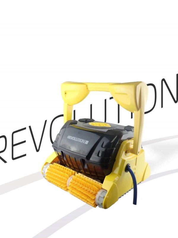 Yellow Revolution 3 robotic pool cleaner against a branded Revolution background.