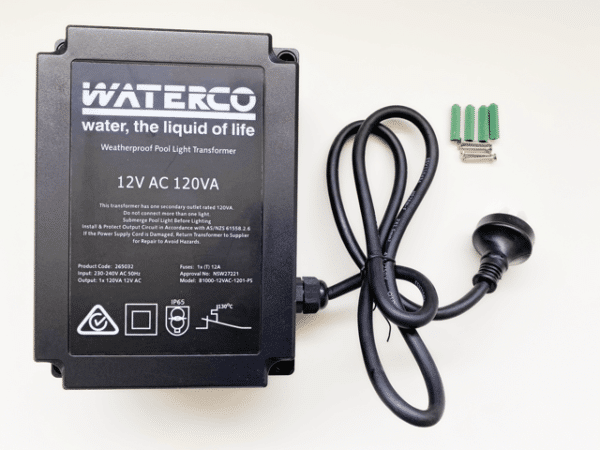 Black Waterco weatherproof pool light transformer against a white background.
