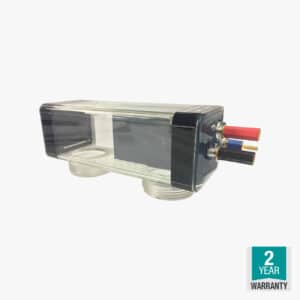 Rectangular clear pool chlorinator cell with three coloured terminals and 2-year warranty badge