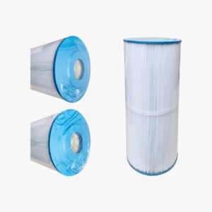 Three pleated pool filter cartridges with blue end caps, two stacked and one upright