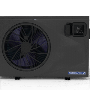 Modern black pool heat pump with digital control panel and protective screen flap