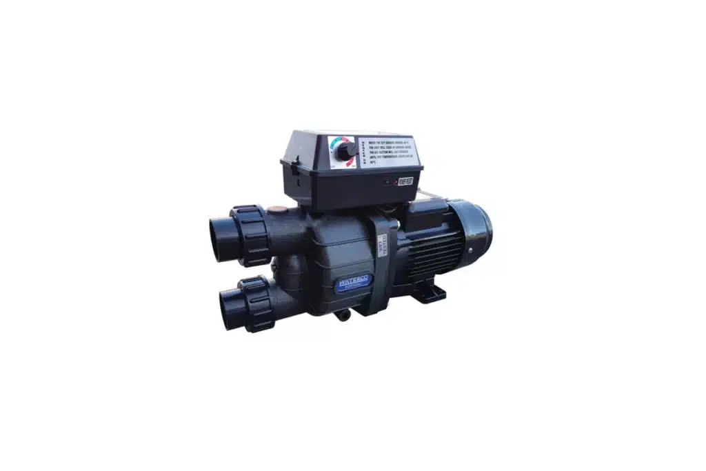 Side view of a Waterco Portapac 1.0hp 10amp spa pump with integrated air switch.