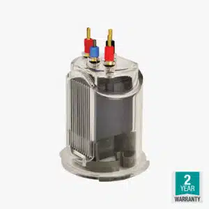 Clear cylindrical pool chlorinator cell with vertical plates, coloured terminals and 2-year warranty badge