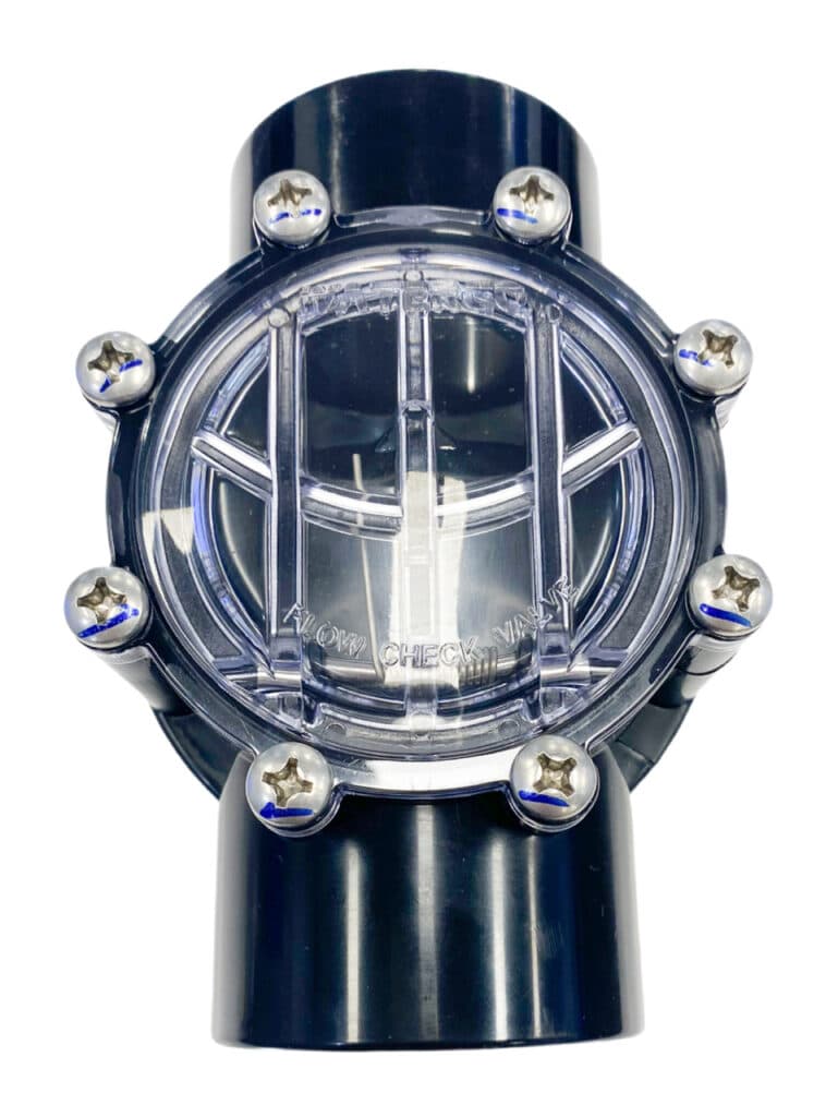 Clear PVC pool check valve with black housing and stainless steel screws